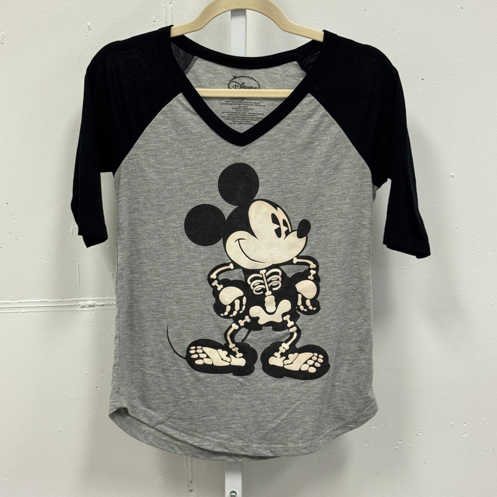 Disney Mickey Mouse Skeleton Halloween Raglan Baseball Tee Gray Black Small